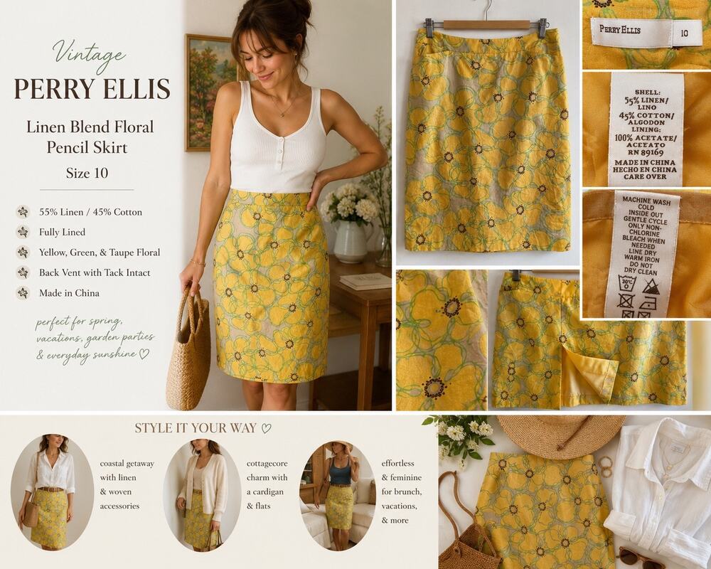 Vintage Perry Ellis Linen Blend Floral Pencil Skirt Size 10 Cottagecore Office